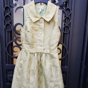 Anthropologie Plenty Frock Tracy Reese gold/green brocade, jeweled buttons, Sz 2